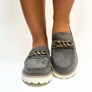 Corky's Light Grey Faux Suede Literally lug sole Suede Loafers Gold Chain NEW